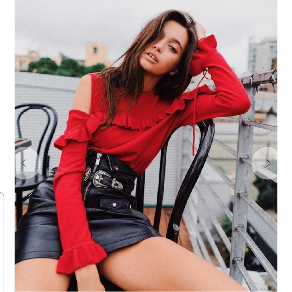 The Kooples Red Cold Shoulder Ruffle Sweater Sz 3/Lg